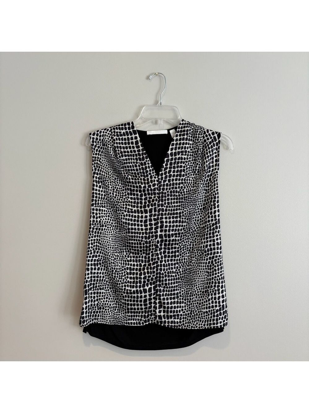 Boss Black and White Graphic Blouse with Mandarin Collar